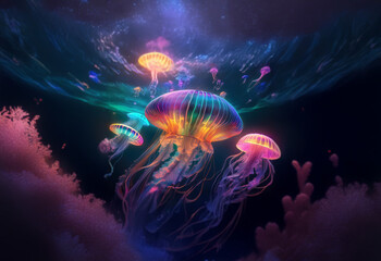 Obraz premium A group of brightly colored jellyfish swim through a dark and mysterious underwater landscape.