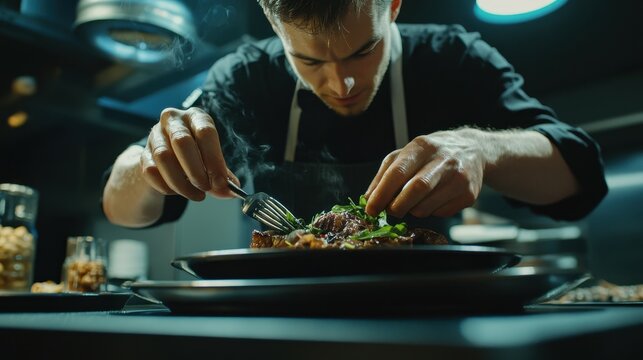 Chef perfectly garnishes a gourmet dish with precision and skill for culinary excellence