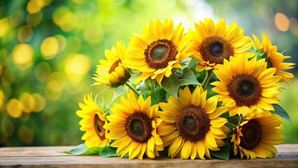 Fototapeta premium A stunning bouquet of sunflowers with bright yellow petals and green leaves, bright yellow, bright colors, sunflowers, fresh cut flowers