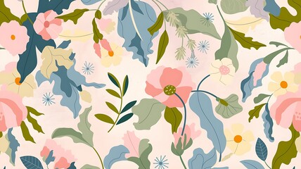 Abstract Floral Pattern with Pink, Yellow, and Blue Flowers