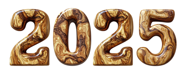 A beautiful carved wooden number 2025 made of olive wood, detailed wood grain, realistic texture, transparent background. Number 2025 made of polished wood, clip art for new year design