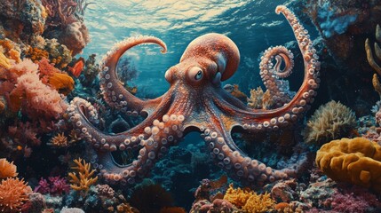 octopus changing colors as it blends into the coral background