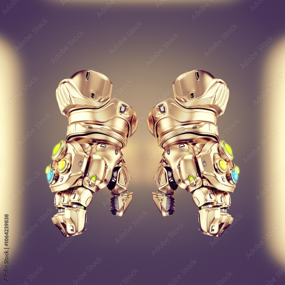 Poster futuristic design of two highly detailed, symmetrical robotic hands with intricate metallic textures
