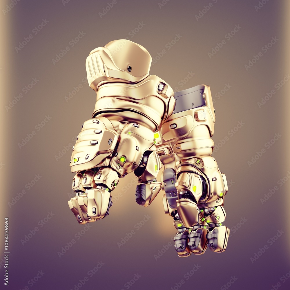 Poster Futuristic golden robot hands displaying advanced mechanical design with intricate details, glowing accents, and a sleek technological appearance in soft lighting