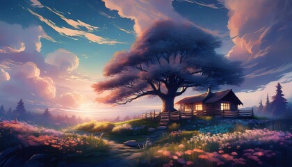 Serene dreamlike twilight landscape with a small cozy cabin nestled under a starry sky.