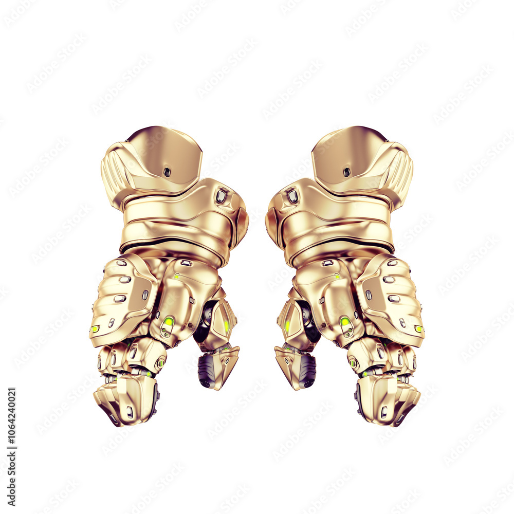 Poster futuristic robotic hands with intricate metallic gold design displayed symmetrically against a soft 