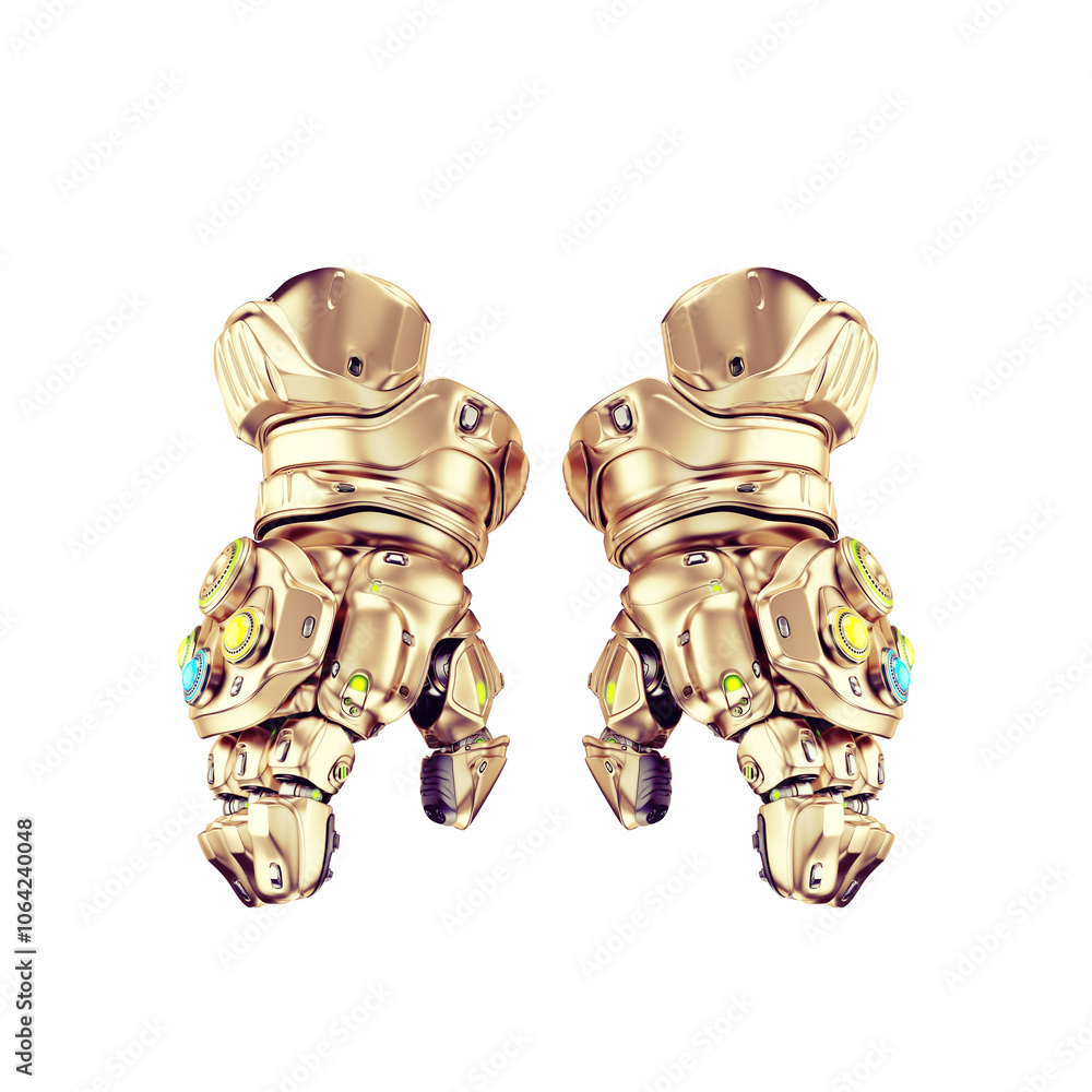 Poster futuristic robotic gauntlets with intricate metallic design in bright light, showcasing advanced tec