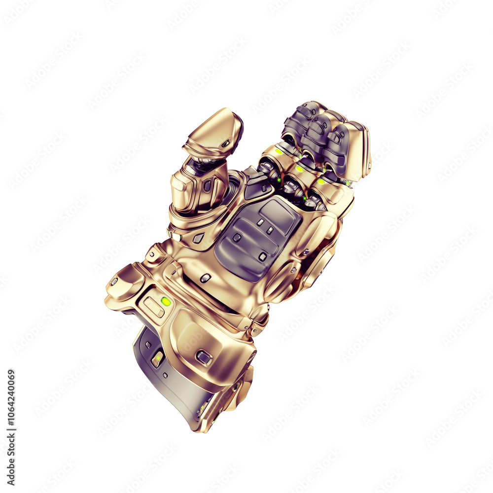 Poster futuristic robotic hand with intricate metallic design making thumbs up gesture in glowing light on 
