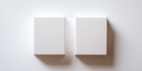 Two blank white square canvas frames on minimalist white wall.