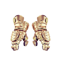 Futuristic golden robotic arms with intricate mechanical details reflecting light in a symmetrical composition on a soft gradient background
