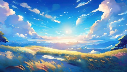 Dreamlike sky with sun and cloud layers, blue sky evoking a feeling of freedom and black outline elements.