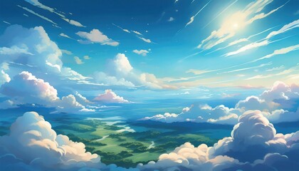 Dreamlike sky with sun and cloud layers, blue sky evoking a feeling of freedom and black outline elements.