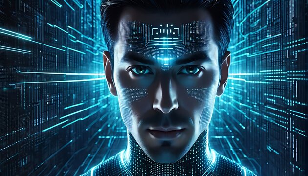 man with binary code background - Powered by Adobe