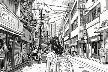 Manga-style black-and-white illustration of a bustling Japanese-inspired shopping street filled with people, shop signs, and power lines, capturing urban life.