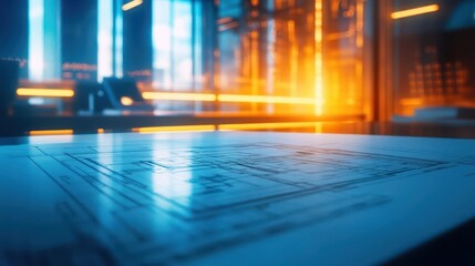 Architectural design blueprints on a sleek desk, vibrant lighting, soft glow, modern design, high-tech atmosphere