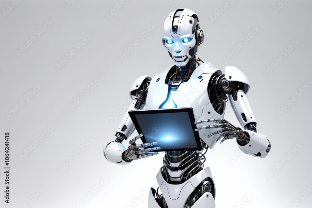 Poster white robot with tablet laptops, futuristic tech scene