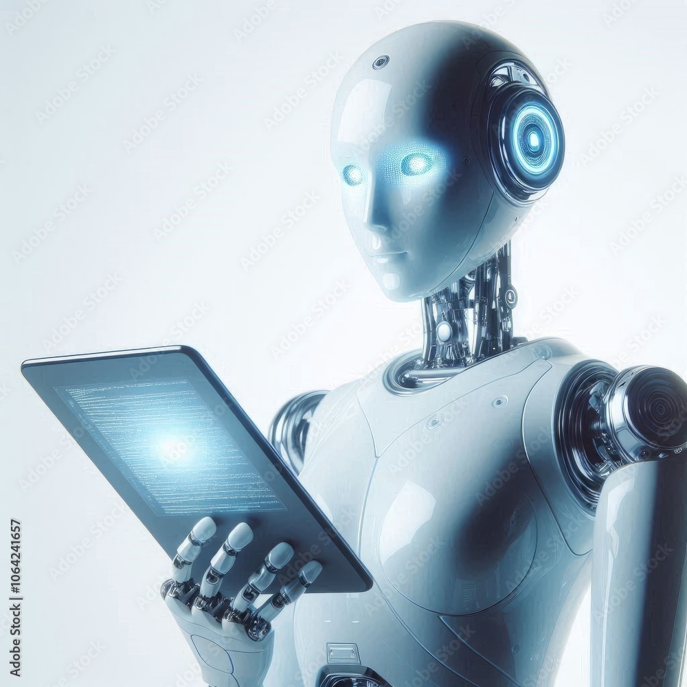 Poster 3d android robot working on a tablet or laptop in a futuristic style, showing a cute and cyber-theme