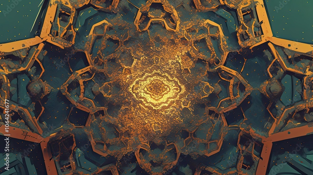 Poster abstract geometric pattern with a glowing center and teal and orange color scheme.