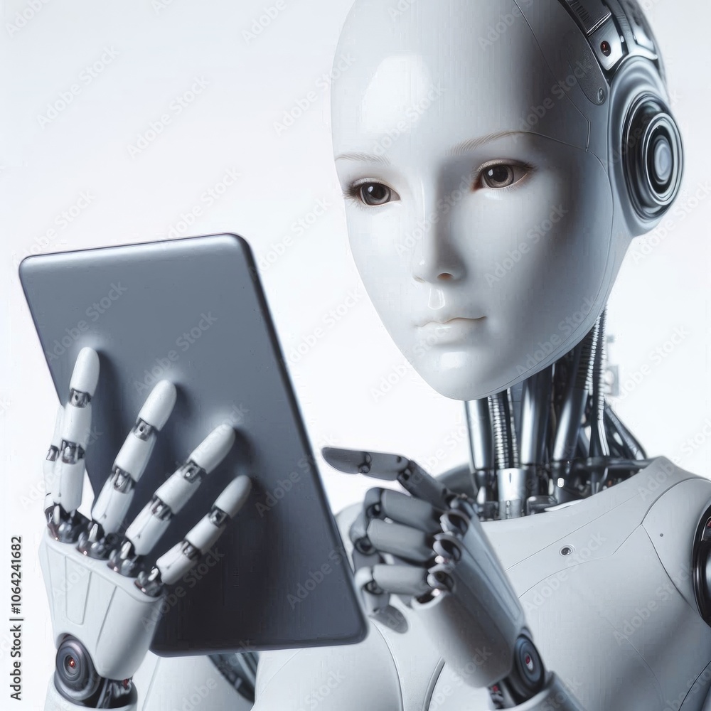 Poster futuristic female ai android robot using a tablet laptop in a high-tech, cyber-inspired setting