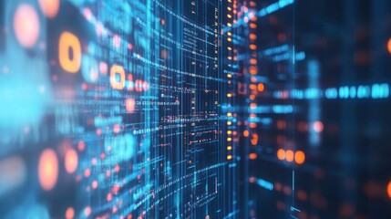 Fototapeta premium Digital abstract network of glowing data and binary code on dark blue background.