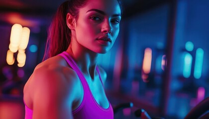 Cardio workout routine with vibrant energy, sleek modern gym, soft lighting, dynamic movement, realism