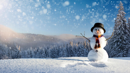 Snowmen on a snowy hill with a winter pine forest in the background