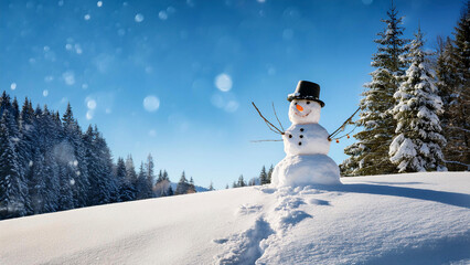 Snowmen on a snowy hill with a winter pine forest in the background
