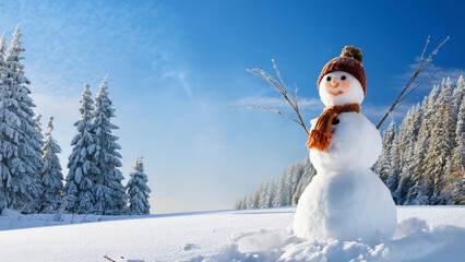 Snowmen in winter with snow-covered trees and falling snowflakes