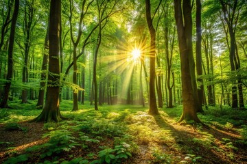Fototapeta premium Dense foliage with sunlight filtering through trees, creating a dappled effect on the forest floor, leaves, undergrowth, wood, branches