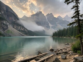 Soft Grey and Muted Green Hues Envelop a Serene Mountain Landscape Under a Calm Sky at Dusk