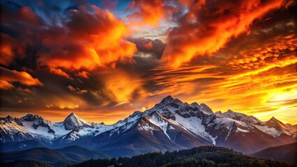 Fototapeta premium Dramatic mountain sunset with snow-capped peaks and a fiery sky, natural wonder, fiery sky, golden hour, scenic vistas
