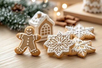 A gingerbread man is standing next to a house and a snowflake