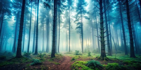 Obraz premium Enigmatic and mysterious fog covered forest background