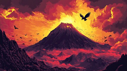 A Volcano Erupts Under A Crimson Sky With Silhouetted Birds