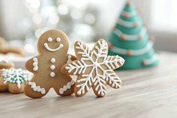 A gingerbread man and a snowflake cookie are sitting on a table next to a Christ