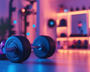 Home workout challenge with vibrant weights and equipment, soft lighting, sleek modern setup, dynamic energy