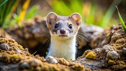 Fototapeta premium Short-tailed Weasel peeking out from its den in Denali National Park, Weasel, Wildlife, Animal, Nature, Denali National Park