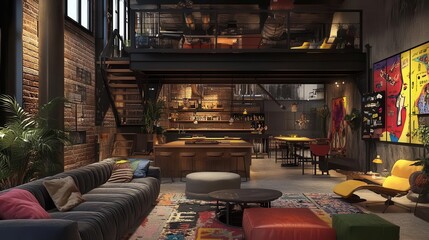 Industrial loft design with vibrant furniture, soft lighting, sleek modern setup, cozy atmosphere, high contrast