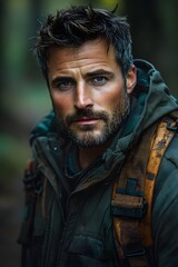 A 35-year-old male forest ranger with a rough and introverted appearance.