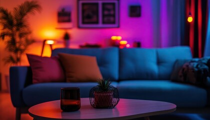 Multifunctional small space design with vibrant colors, sleek furniture, soft lighting, cozy atmosphere