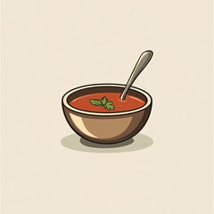 A bowl of tomato soup with a spoon and parsley garnish