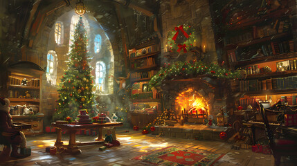 A cozy holiday scene featuring a decorated Christmas tree and a warm fireplace.