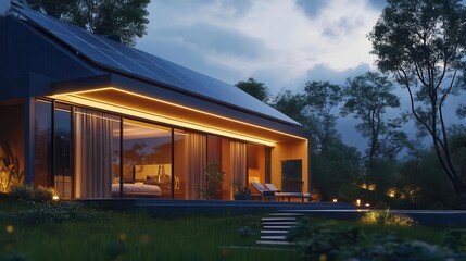 Fototapeta premium Solar-powered home with sleek modern design, vibrant panels, soft lighting, eco-friendly technology, realism