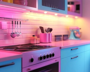 Stylish kitchen design with vibrant appliances, soft lighting, sleek modern setup, dynamic energy, photo-realistic