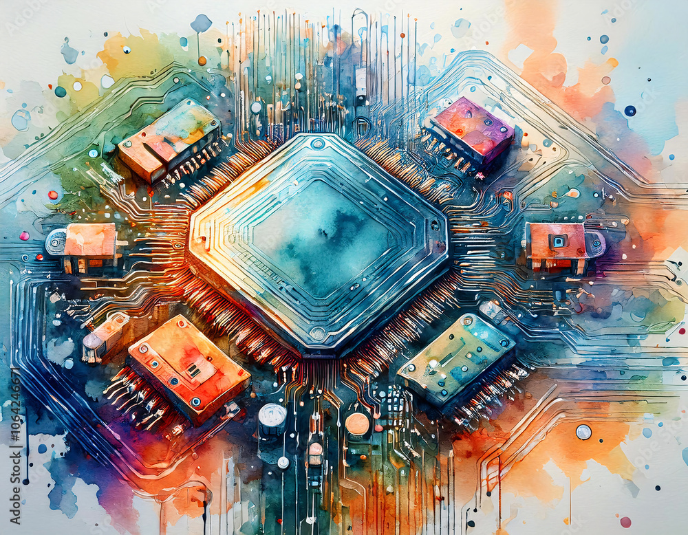 Poster a central processor chip surrounded by intricate circuitry, glowing with energy