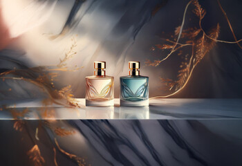 Two perfume bottles with gold caps and matching wings sit on a clear glass shelf against a backdrop of swirling marble and gold leaf.