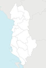 Vector regional blank map of Albania with counties and administrative divisions, and neighbouring countries and territories. Editable and clearly labeled layers.