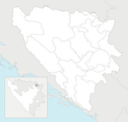 Vector blank map of Bosnia and Herzegovina with entities, cantons, regions and administrative divisions, and neighbouring countries and territories. Editable and clearly labeled layers.