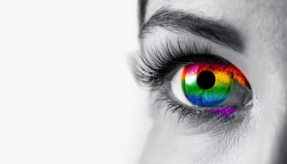 Close-up of a human eye with a vibrant rainbow-colored iris, contrasted against a black-and-white background, symbolizing diversity and creativity.