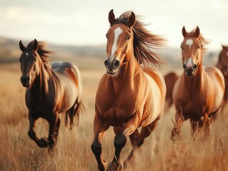 Fototapeta premium Wild horses running with vibrant landscape, dynamic movement, soft natural lighting, high-energy atmosphere
